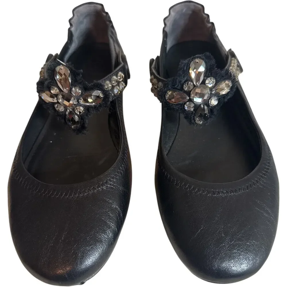 Tory Burch Black Leather Crystal Convertible Mary Jane Ballet Flats Size 8 EUC